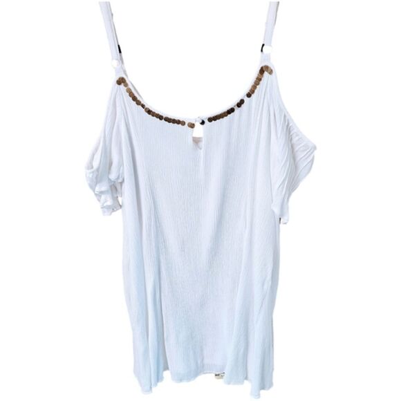 TORRID MINI IVORY GAUZY Cold Shoulder Trapeze dress With Gold Sequins - Picture 11 of 16